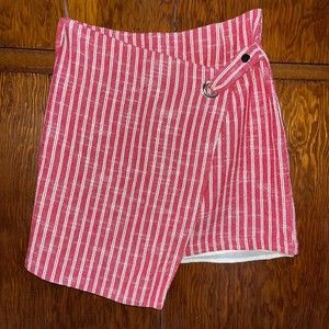 Entro Faux Wrap Striped Red White Asymmetrical Woven Mini Skirt Women sz M